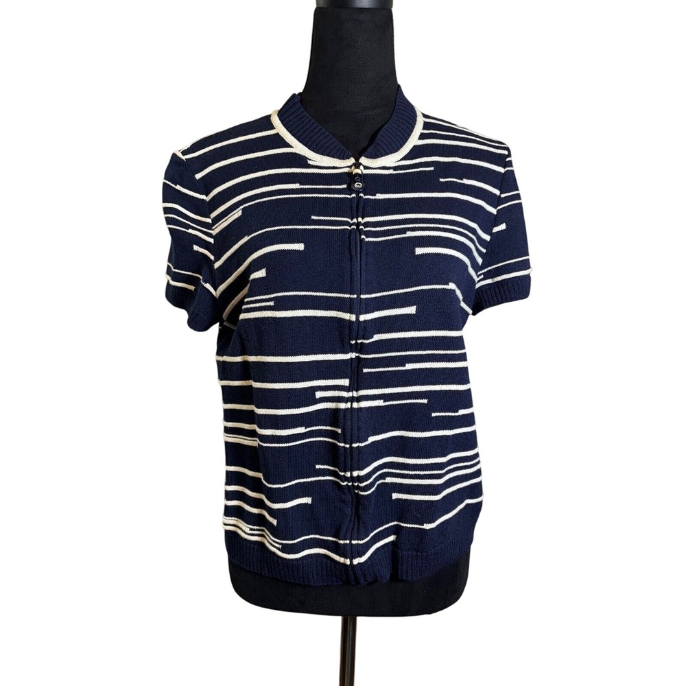 St. John Sport Knit‎ Zip Up Top Striped Short Sleeve Navy White L
